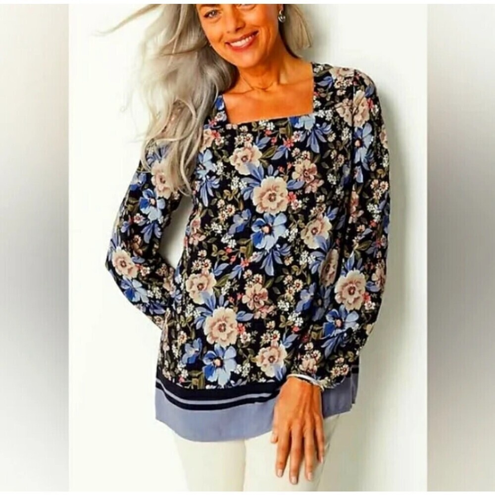 J. Jill blouse top navy blue floral print square neckline long sleeve SZ LG